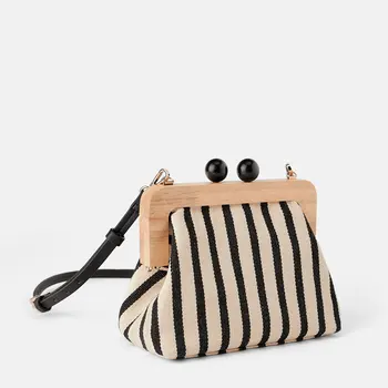 

Vintage Striped Wooden Clip Bags Shell Bag Luxury Brand Design Shoulder Bags Women Messenger Crossbody Bag Women Canvas Handbags