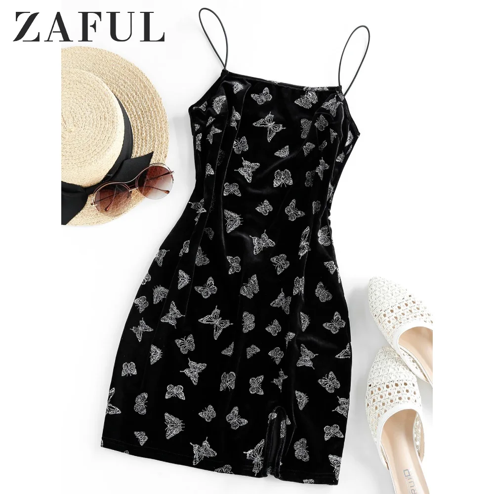 

ZAFUL Dresses Women Metallic Butterfly Slit Cami Mini Dress Spaghetti Strap Sleeveless Bodycon Sexy Dress 2020 Party Dresses