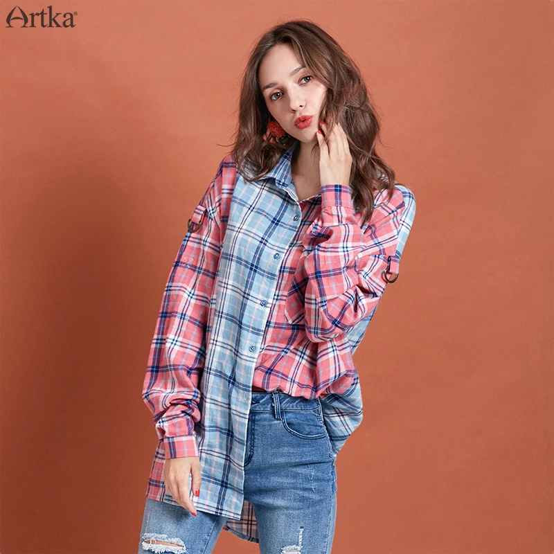 ARTKA/ Осенние новые женские блузки, Модная хлопковая цветная рубашка в клетку с отворотным воротником, Повседневная Свободная рубашка, пальто SA10490Q
