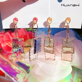 

HUANZHI 2020 New Multicolor Acrylic Transparent Crystal Ectangular Pendant long Earring Stud Earrings For Women Girls Jewelry