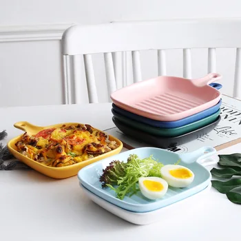 

Colorful Ceramic Storage Tray Creative Nordic Square Cheese Risotto Baking Plate Thickening Decoration Handle Breakfast Dishes