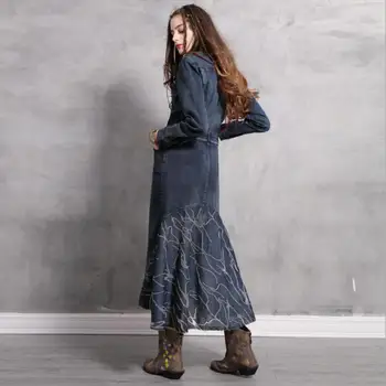 

2019 Women Denim Dress Autumn Winter Fahsion Jeans Maxi Dress Long Sleeve Blue Cowboy Jeans Dress