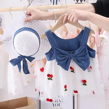 

Hot Sale Baby girls dress clothes Toddlers Kids Girl cowboy Dress Sleeveless bow Dresses hat 2pcs suit 0-2year