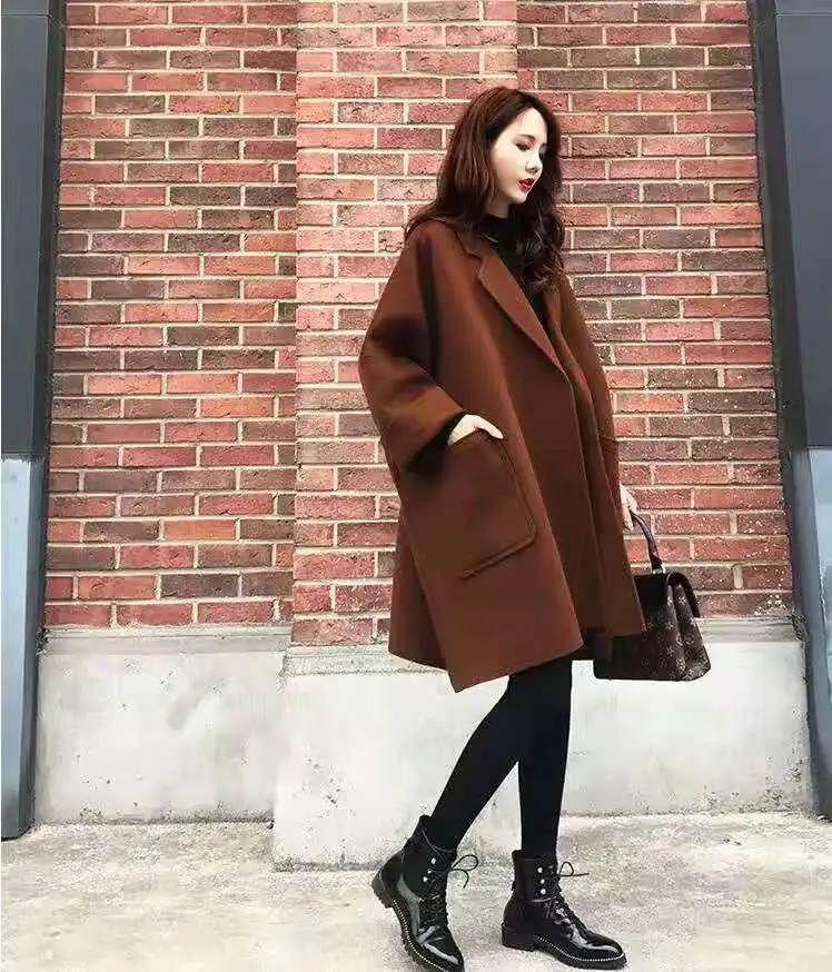 Caramel color Зимнее шерстяное пальто для беременных размера плюс, Длинные свободные хлопковые куртки с v-образным вырезом для беременных женщин с карманами, офисные женские пальто для работы - Цвет: Caramel color