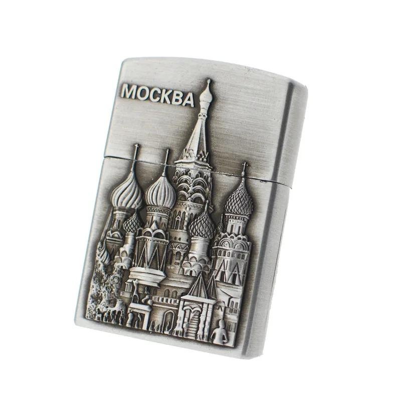 

Moscow building Emboss gas Inflatable lighter Fashion cigarette Metal lighters Windproof smoking Grinding Wheel Lighter Outdoor