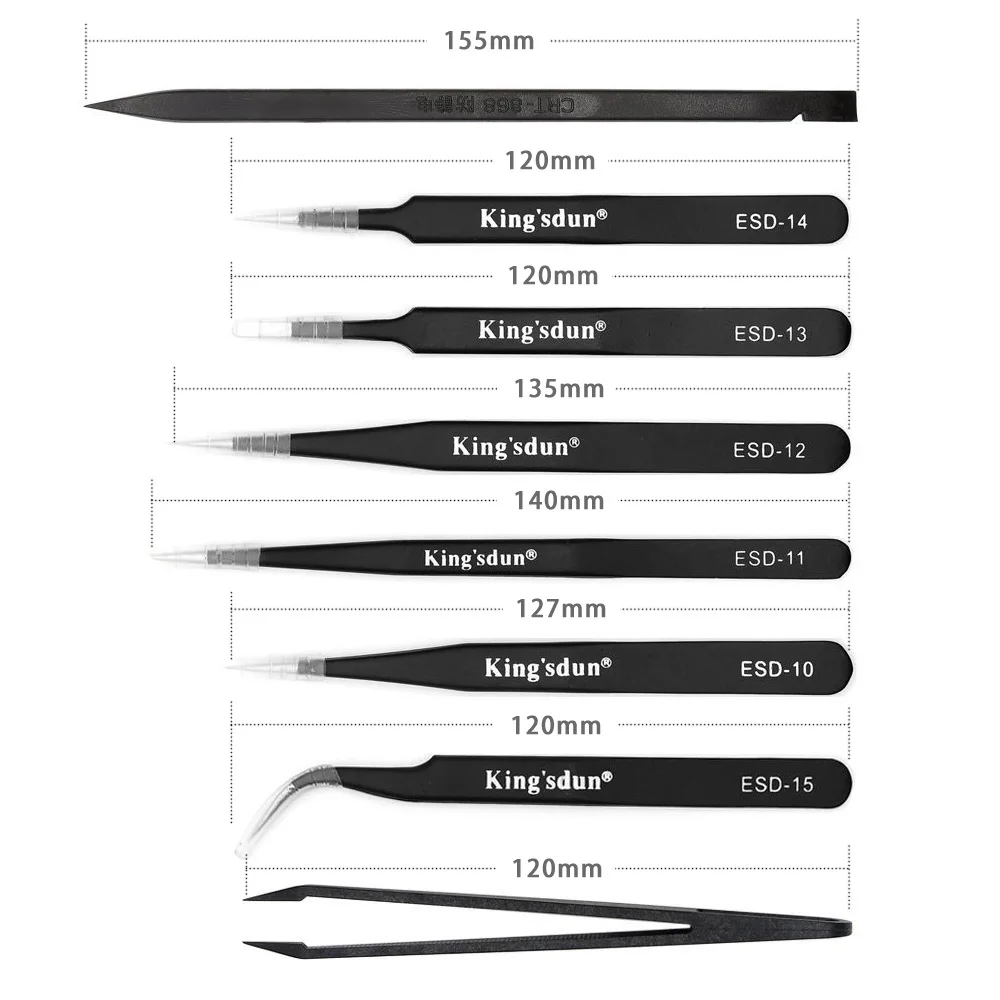 KING'SDUN 8Pcs Anti-static Tweezers ESD Stainless Steel Tweezers Set Industrial Precision Curved Straight Tweezer Repair Tools