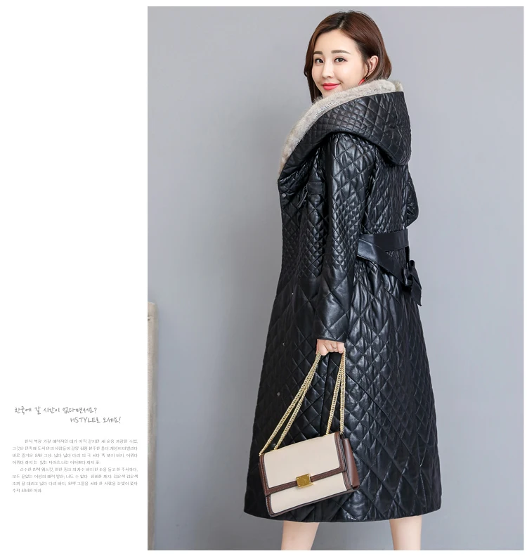 Luxury Fashion Down Jacket Women's Clothing Hooded Mink Fur Collar Leather Jacket Female Waist Slim Long Down Coat Women