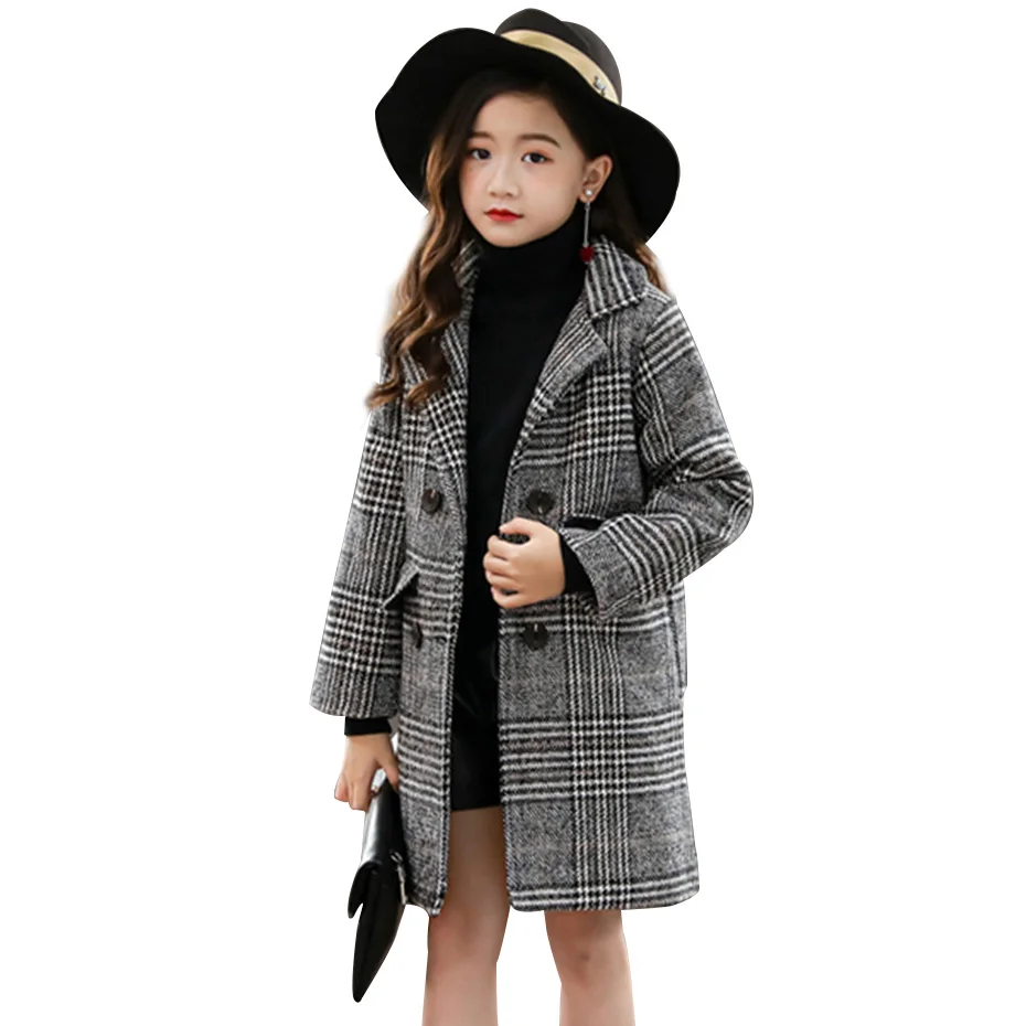 Wool Coat Kids Outerwear Winter Clothes Plaid Girls Autumn Fashion for Double-Breasted