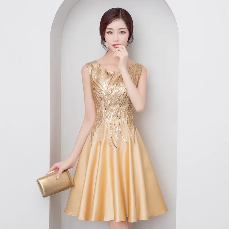 It's Yiiya Prom Dress K188 Gold Sequined O-Neck Sleeveless Formal Dresses Elegant Knee Length Party Gowns Vestidos 2020
