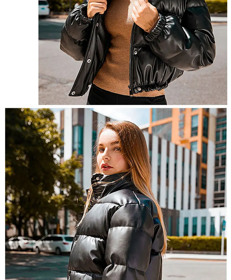 womens parka 2021 Winter Collection Women Clothing  PU Leather Zipper Stand Collar Crop Puffer Coat puffer coat with hood