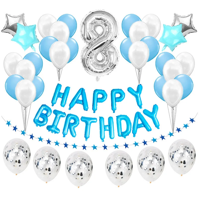 8 birthday 36 шт., серебристые, синие, праздничные украшения для дня рождения, Детские воздушные шары, набор для маленьких мальчиков, баллон, латексный, гелиевый воздух, воздушный шар из фольги, номер 1, 2, 5 - Цвет: 8 birthday