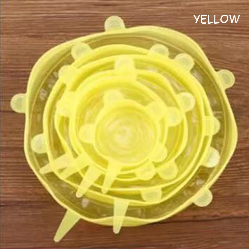 Yellow Крышка для хранения продуктов силиконовая пленочная крышка носилки чаша уплотнение пищевой бытовой многоцелевой чехол универсальная безопасная посуда 6 шт./компл - Цвет: Yellow