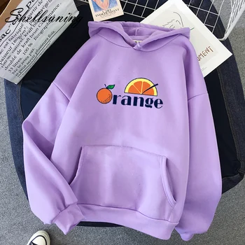 

Shellsuning 2019 New Hooded Cute Orange Graphic Back Velvet Thicken Simple Hoodies Long Sleeve Solid Color Female Sweatshirts