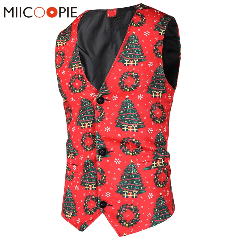 Mens Vest Waistcoat Casual Sleeveless Single-Breasted Chaleco Red Brand Slim-Fit Christmas-Tree-Print