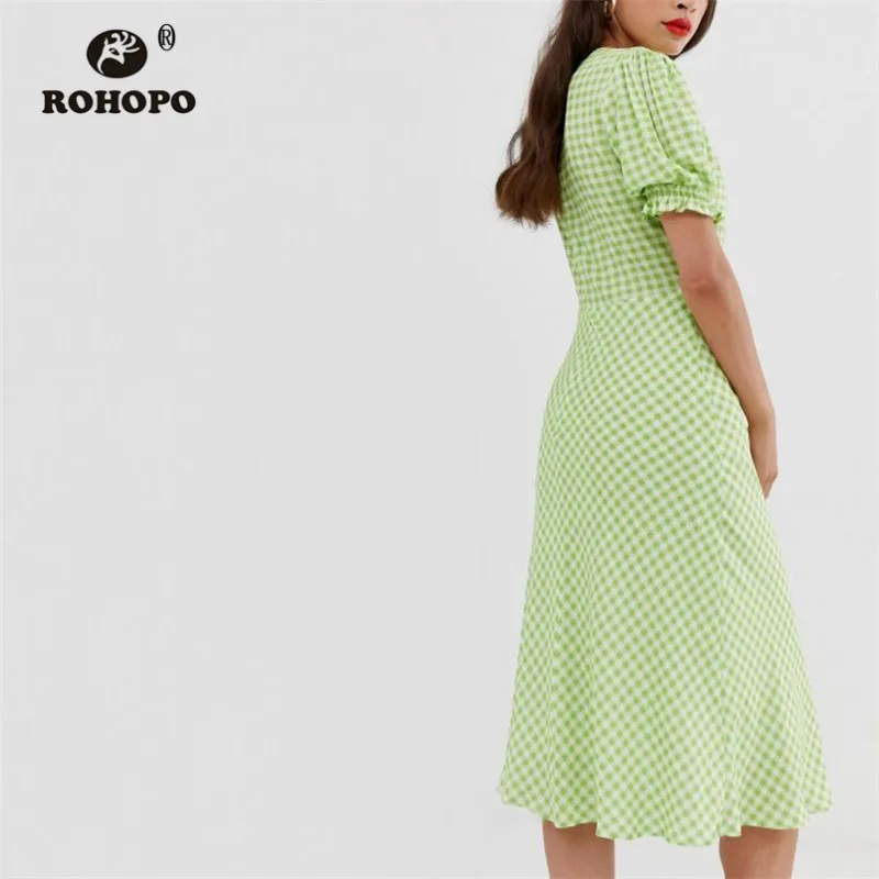 ROHOPO/расклешенное зеленое хлопковое платье средней длины в клетку с пышными рукавами для девочек; сезон осень; шикарное Элегантное повседневное платье до середины икры; Vestido#9121