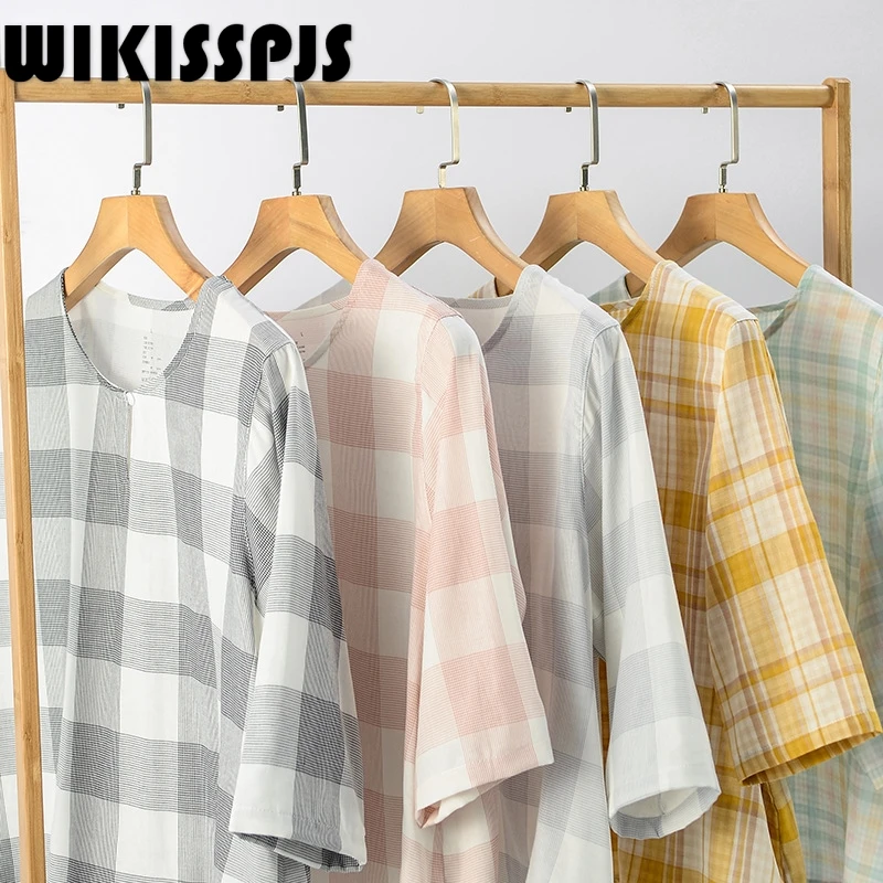 

2022 Spring New Cotton Double Layer Gauze Women's Pajamas Thin 7 / 3 Sleeve Lattice Suit Leisure Comfortable Home Clothes
