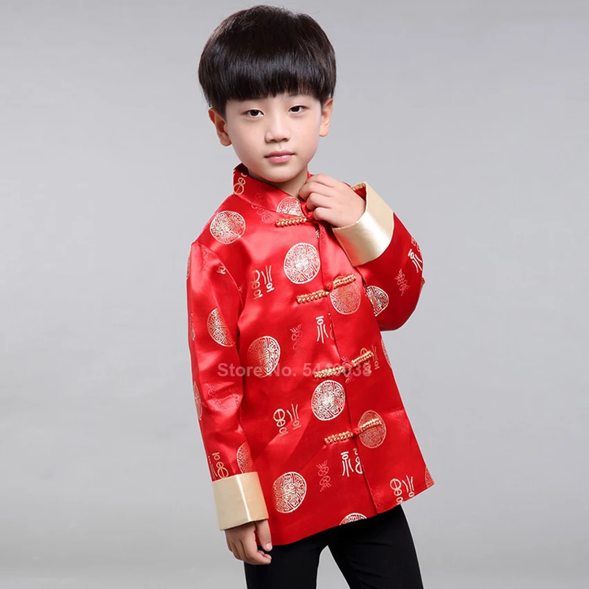 Chinese New Year Jacket Dragon Print Boys Traditional Vintage Tang Suit Kids Satin Kungfu Shirt Full Sleeve Hanfu Clothing