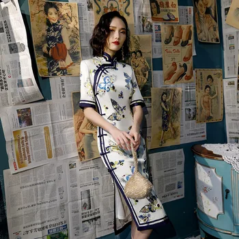 

2020 Spring New Print Flower Cheongsam Elegant Women's Handmade Button Dress Short Sleeve Knee Length Sexy Short Dress