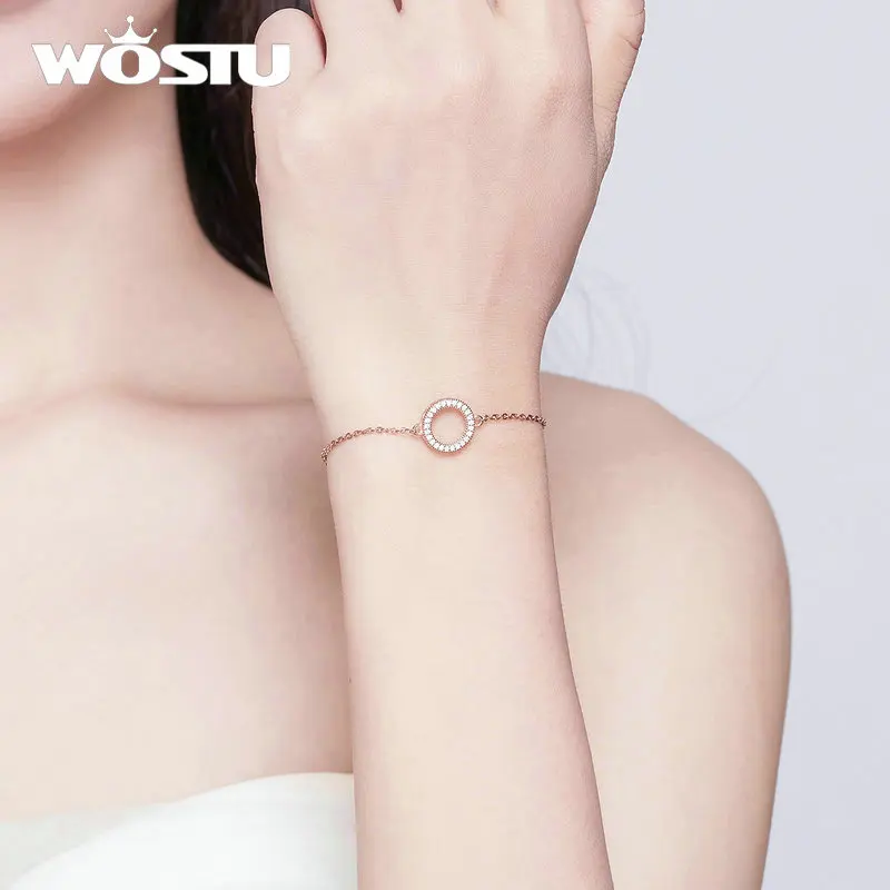 WOSTU,, 925 пробы, серебряный, розовое золото, браслет, сверкающий, Круглый, циркон, звено цепи для женщин, модное ювелирное изделие, DXB030-C