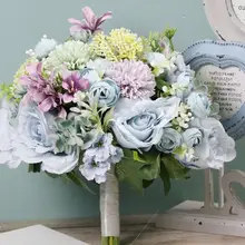 Ретро деревенский стиль невесты букеты Искусственный Пион поддельные розы Свадебные Холдинг цветок Длинная лента кружева вечерние украшения