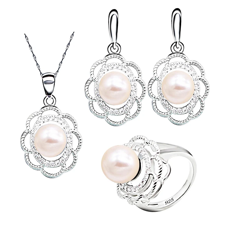 New Pink Pearl 925 Silver Wedding Jewelry Set for Women Earring Necklace Pendant Ring Birthday Gift | Украшения и аксессуары