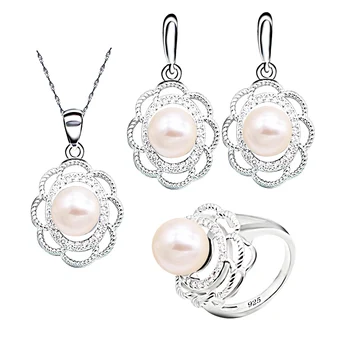 

New Pink Pearl 925 Silver Wedding Jewelry Set for Women Earring Necklace Pendant Ring Birthday Gift
