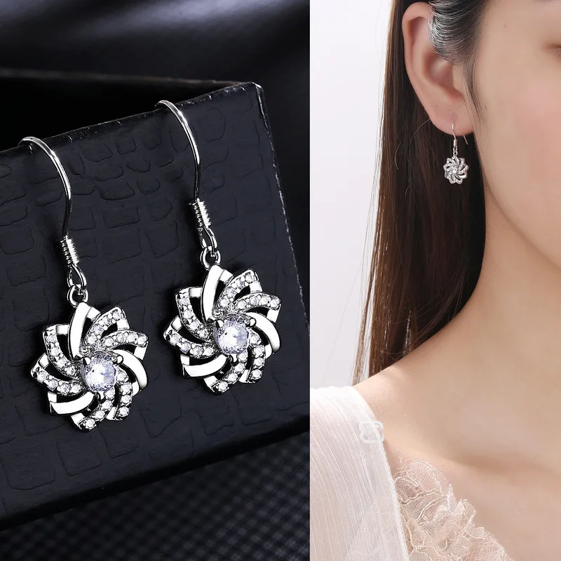 

925 Tremella Hook Korean Sunflower Girl Fashion Zircon Insert Eternal Flower Language Earrings Factory Direct Wholesale