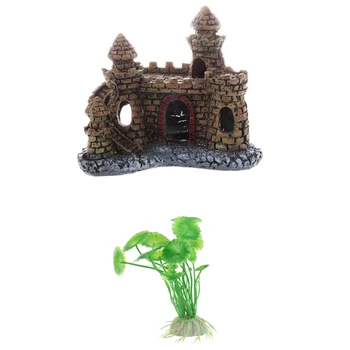 

10 x Mixed Artificial Aquarium Fish Tank Water Plant Plastic & 1x Artificial Aquarium Fish Tank Ornament Castle Tower