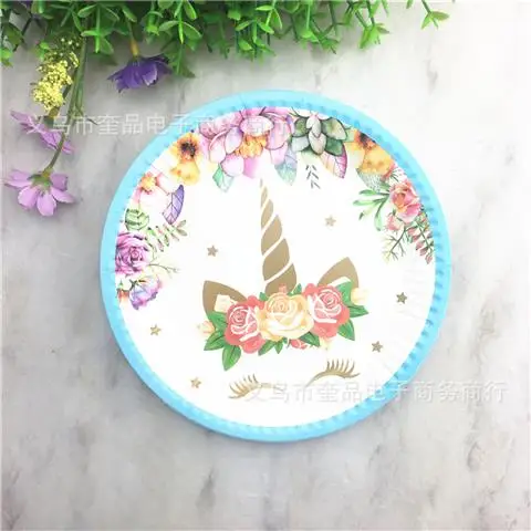 Plate blue-10pcs Единорог День рождения Декорации одноразовые набор столовых приборов Единорог шар чашки тарелки салфетка для детей на день рождения Единорог вечерние поставки - Цвет: Plate blue-10pcs