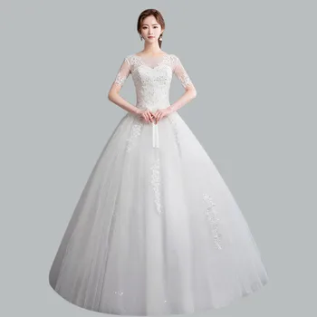 

White Wedding Dress CR678 Floor-Length Vestidos De Noviva Boat Neck Short Sleeve Wedding Dresses Plus Size Formal Bridal Gowns