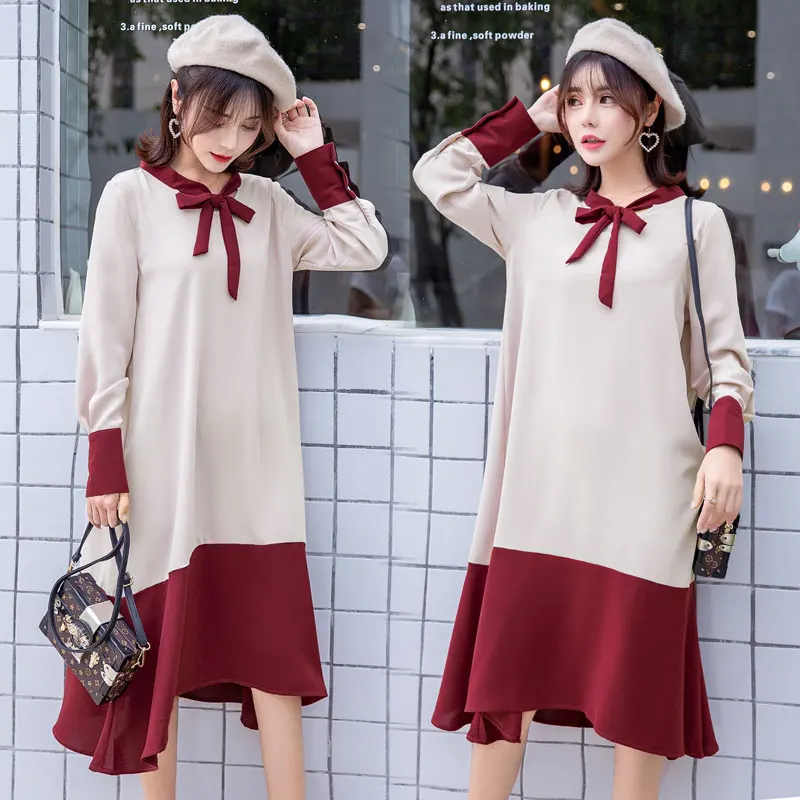 

1808# Color Block Patchwork Maternity Long Dress Sweet Autumn Korean Fashion Dress for Pregnant Women Large SIze Loose Pregnancy
