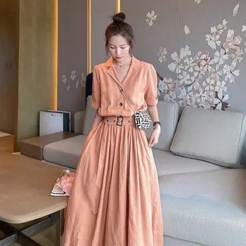 

2020 Summer Korea Bandage Dress Women Short Sleeve Loose Casual Big Swing Solid Color Party Dress Office Lady Elegant Long Dress
