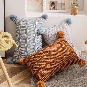 

Knitted Wave Cushion Cover Grey Green Pink Coffee Nordic Style Pillow Case With Pompom For Sofa Bed Room Home Decorative 35*55cm