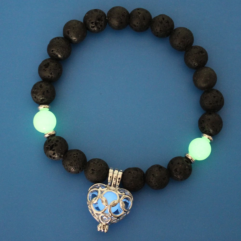 Модные женские браслеты 8 мм из натуральной лавы, женские браслеты, светящиеся браслеты для женщин, флюоритовые каменные бусины, ювелирные изделия в подарок - Окраска металла: Blue Green