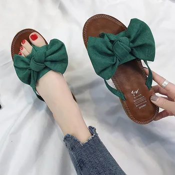 

Flat Heel Fashion Slip On Adults Casual Outdoor Breathable Solid Color Bow Tie Women Flip Flops Wear Resistant Summer Beach