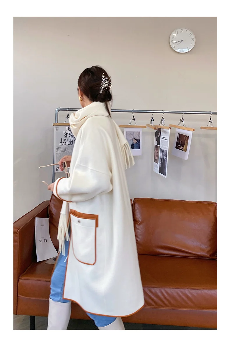 hooded puffer jacket "Anfiouna" 21 autumn and winter new sheepskin wrapped scarf design double-sided cashmere long tweed coat women hooded puffer jacket