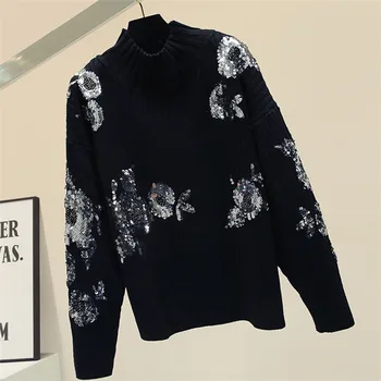 

Small fragrant Sequin printed knitwear new spring and autumn long sleeve half height round neck loose sweater female