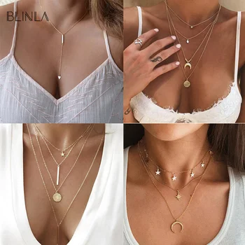 

2020 Gold Long Chain Necklace Chokers For Women Multilayer Geometric Cross Pendant Necklaces Boho Maxi Statement Party Jewelry