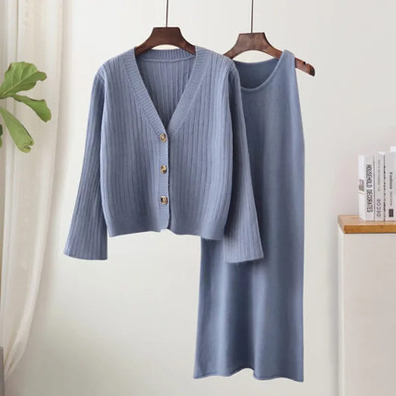 

Autumn Winter Casual Knitted Set 2 Pieces Set Single Breasted Cardigan & Sleeveless Mid-length Dress Female Sweater Set 2019
