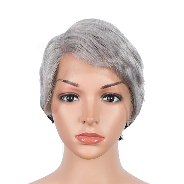 Lekker Short Pixie Bob T Part Lace Human Hair Wig For Women Natural Pre Plucked Glueless Ombre Burgundy Brazilian Remy 613 Wigs DYA1B-GREY