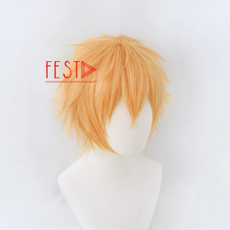 Anime Cosplay Wig Chainsaw Man Denji Cosplay Wig Golden 30cm Short Heat  Resistant Fiber Hair Halloween Party Men Role Play + Wig Cap