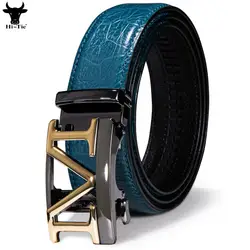 Hi-Tie M Letter Automatic Buckles Men's Belts Blue Emboss Leather Ratchet Waistband Belt for Men Jeans Dress Wedding Business XL