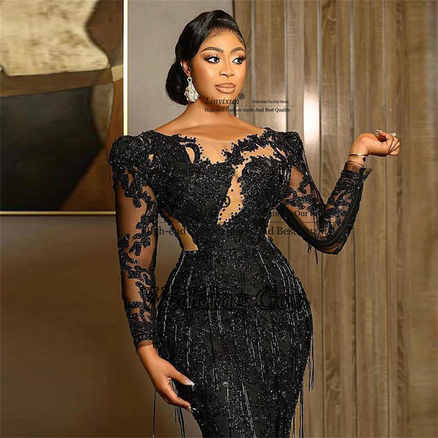 Shinny Mermaid Prom Dress Appliques Sequin And Beading Black Long Sleeves Evening Party Gown Luxury Plus Size Robe De Soriee