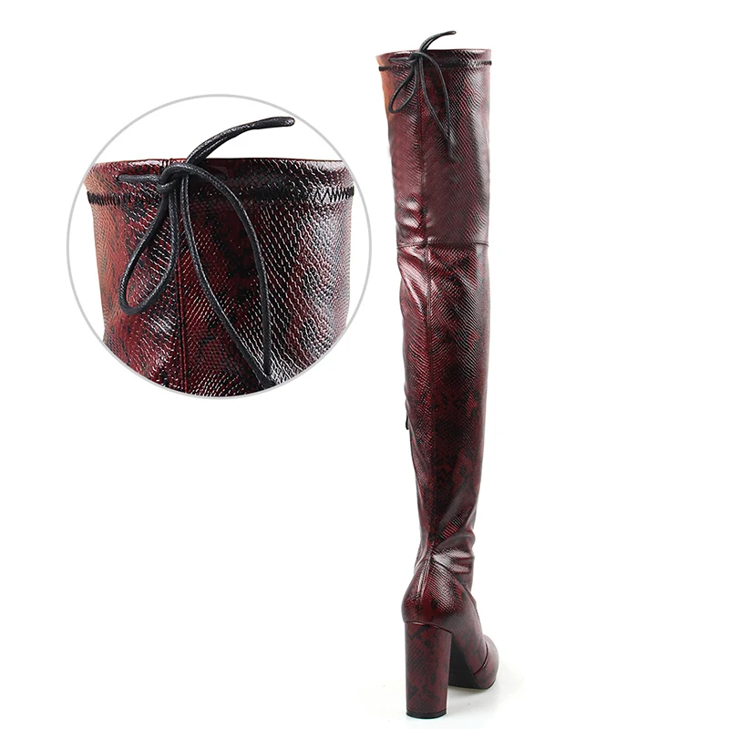 KARINLUNA/Новые Модные женские ботфорты выше колена со змеиным узором сапоги на высоком каблуке из искусственной кожи ботинки с острым носком