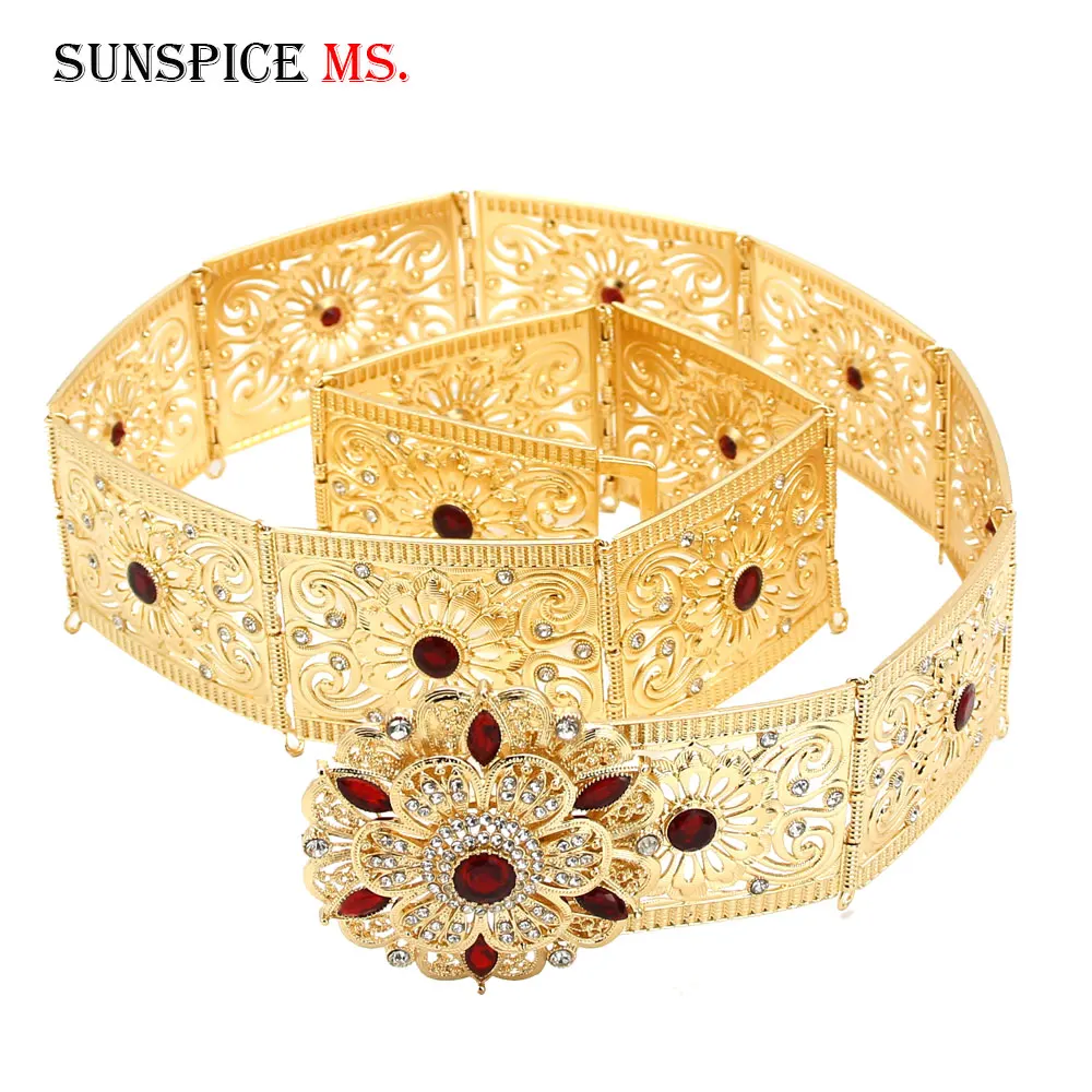 XY099red SUNSPICE-MS, Ретро стиль, золото, серебро, цвет, для женщин, Цветок, металлическая цепочка на талию, пояс, стразы, этнические, свадебные, кафтан, абайя, украшения для тела - Окраска металла: XY099red
