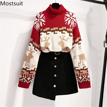 

2019 Winter 2 Piece Skirt Suits Sets Women Thicken Turtleneck Jacqurd Sweater + Black Mini Skirt Suits Korean Fashion 2 Pcs Sets