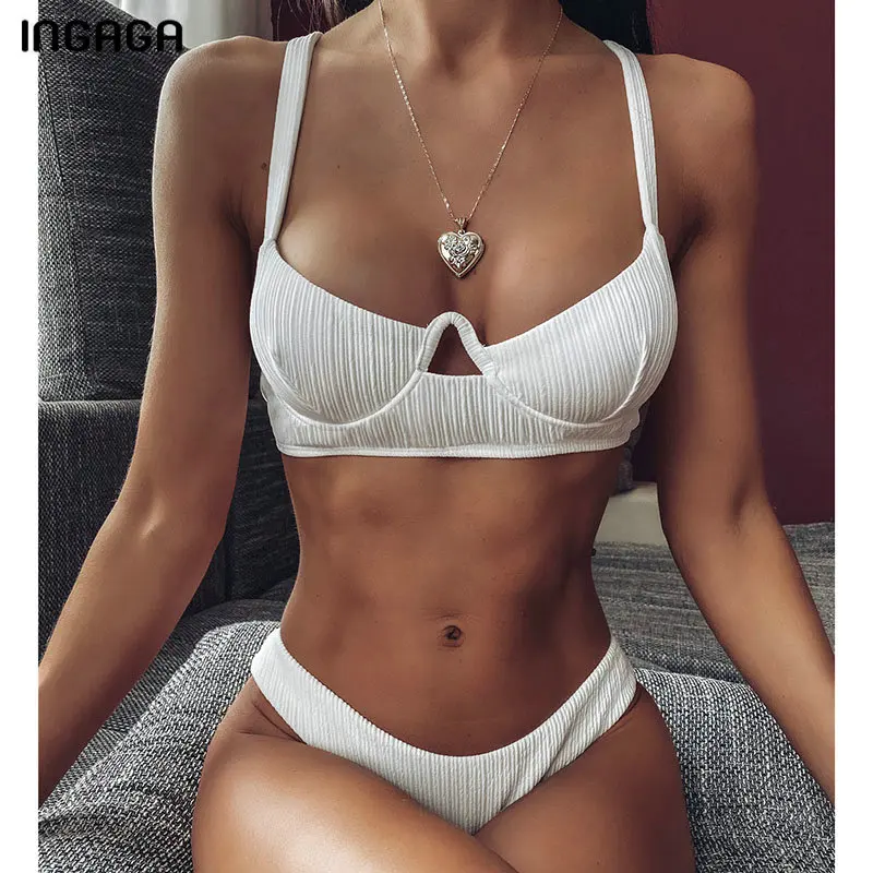 

INGAGA Solid Push Up Bikini Set High Cut Thong Swimwear Women Top Wrap Biquini Sexy Cut Out Swimsuit Solid Ruched Beach Bathers