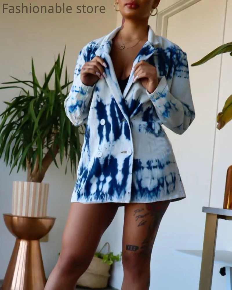 

Irregular Print Double Breasted Slim Fit Long Sleeve Blazer Coat