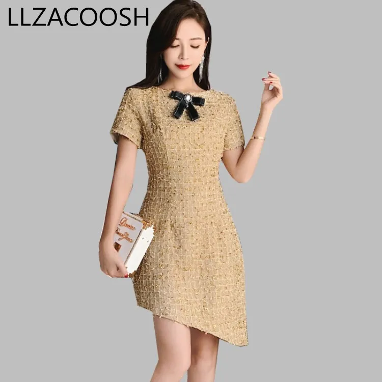 

2019 Luxury Designer Autumn Asymmetrical Dress Women's Short Sleeve Gold Line Thread Weaving Tweed Dresses Vestdios