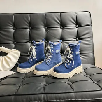

Womens Denim Jeans Lace Up Ankle Boots Punk Motorcycle Round Toe Chunky Heel Warm Winter Thick Shoes Lace Up Plus Size Ripped